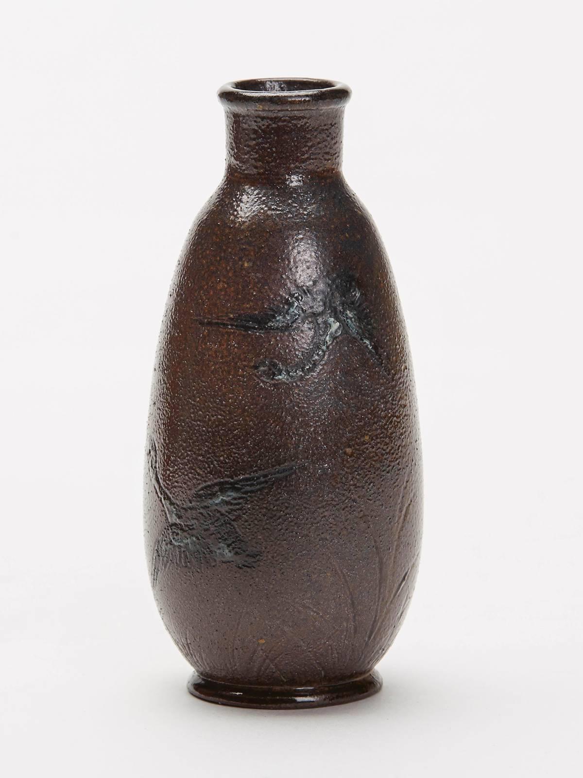 English Martin Brothers Miniature Pottery Vase with Geese, circa 1890