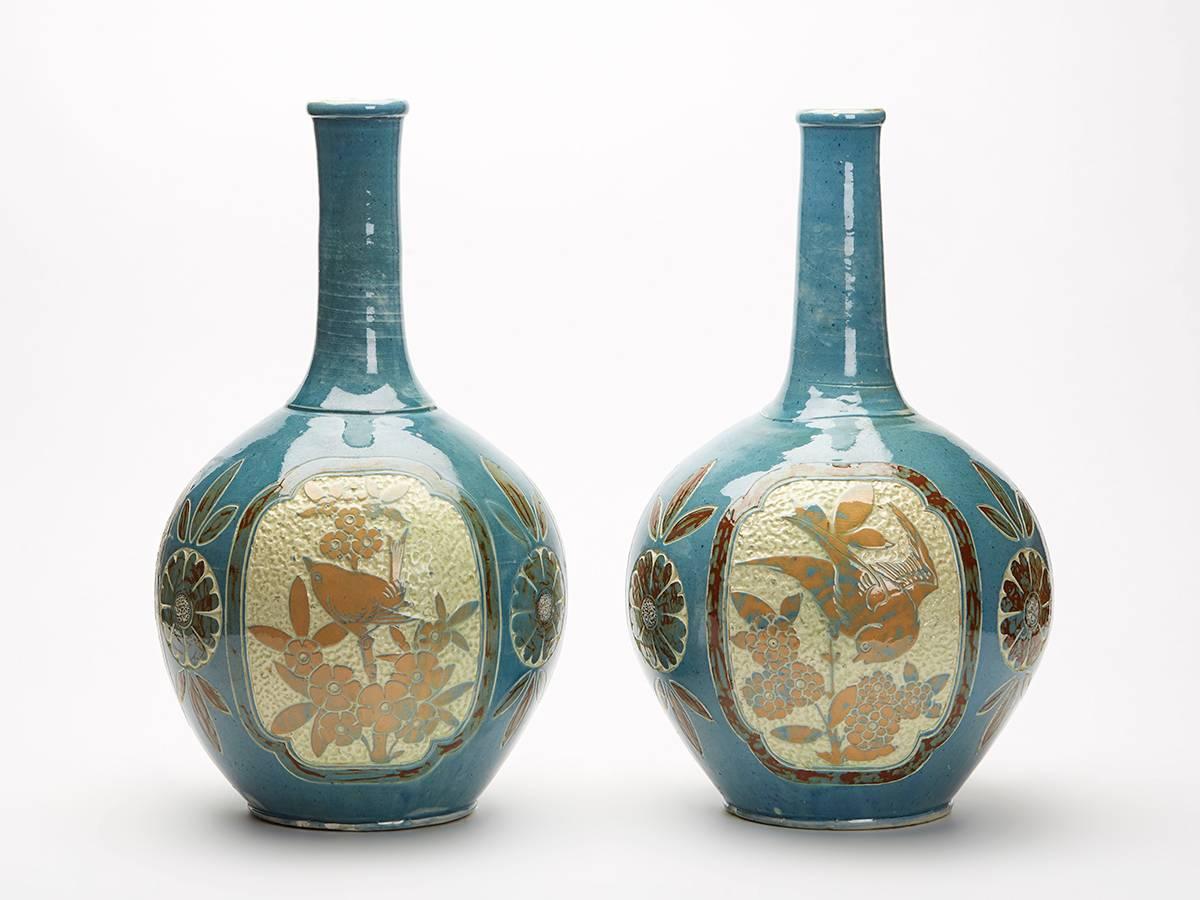 Glazed Charles Brannam Pair Large Bottle Vases James Dewdney, 1887