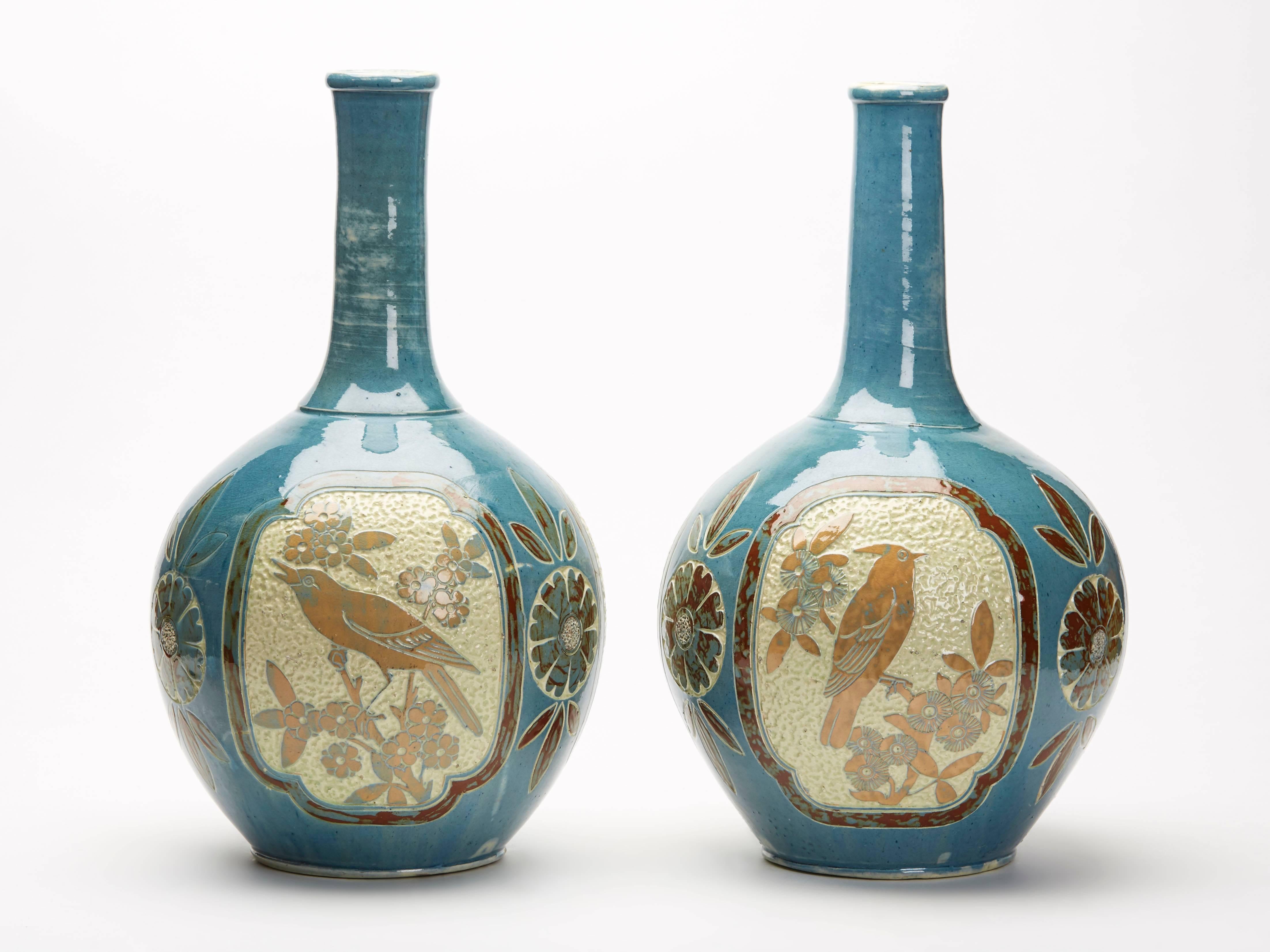 British Charles Brannam Pair Large Bottle Vases James Dewdney, 1887