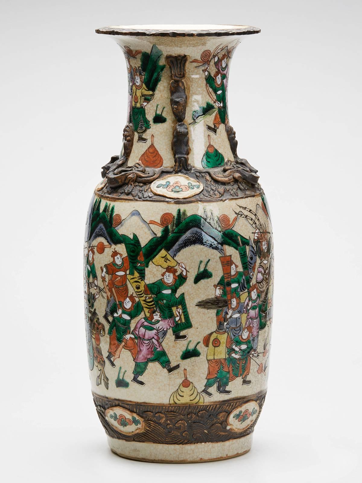 Enameled Large Antique Chinese Craguel Glaze Warrior Vase, 19th Century