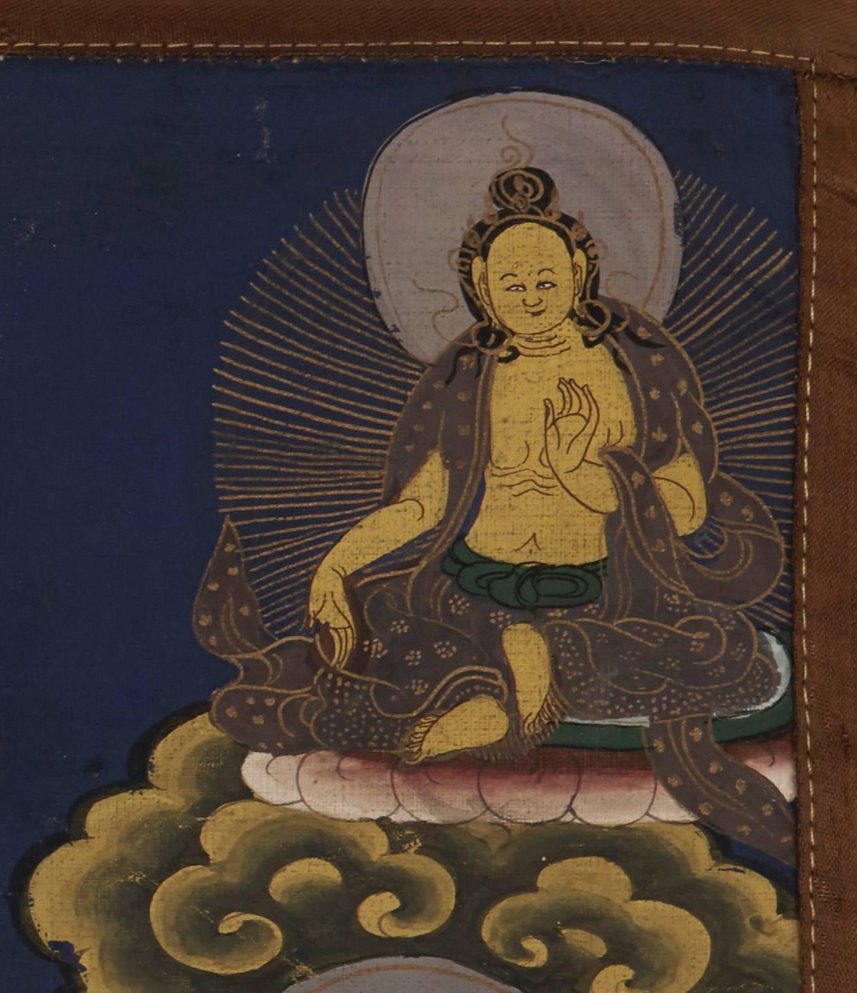 Painted Antique Chinese/Tibetan Thanka with Buddha & Gods, 19th Century