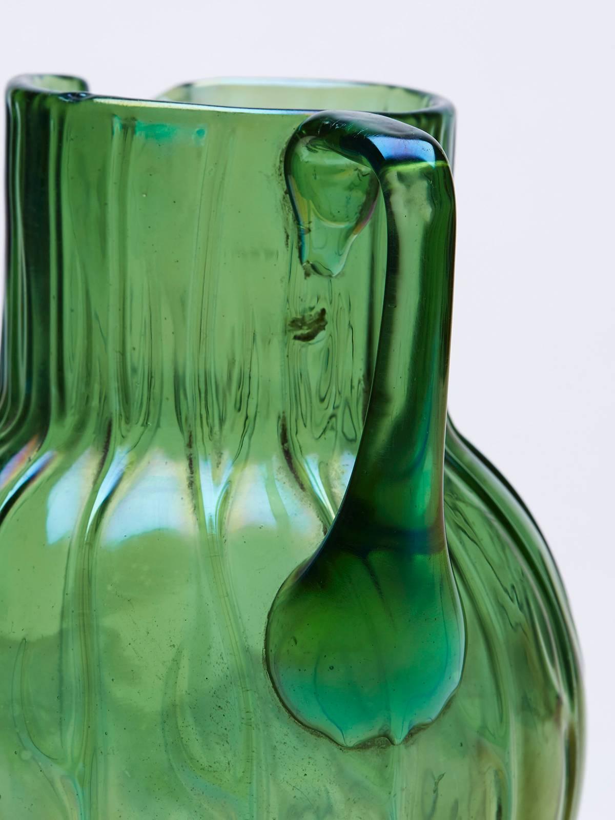 Loetz Art Nouveau Neptun Iridescent Green Glass Jug, circa 1900 1