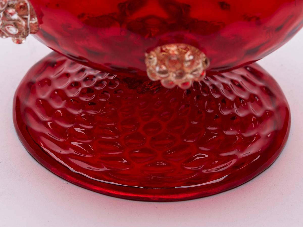 Vintage Salviati Murano Red Art Glass Pedestal Bowl, circa 1950-1960 3