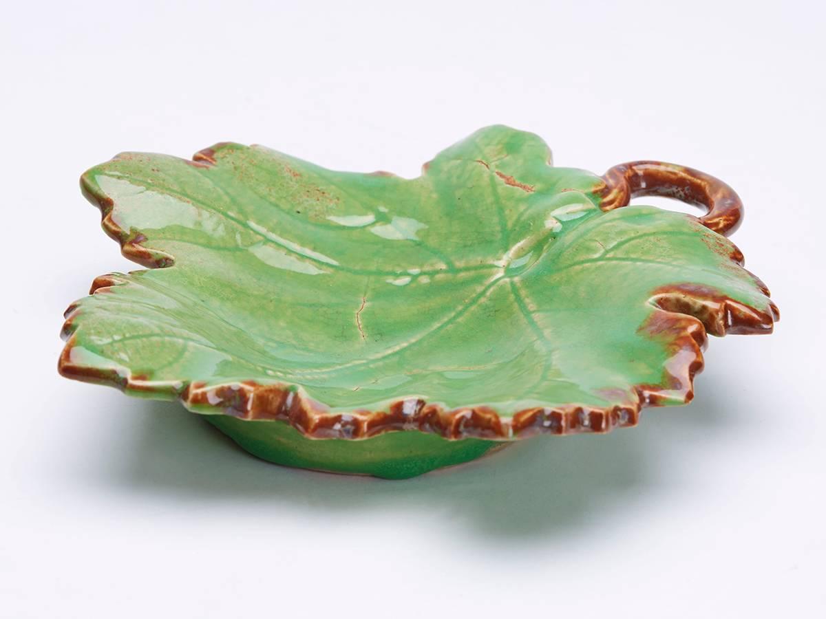 Early 20th Century Greber Pair of French Art Pottery Green Leaf Dishes, circa 1899-1933 For Sale
