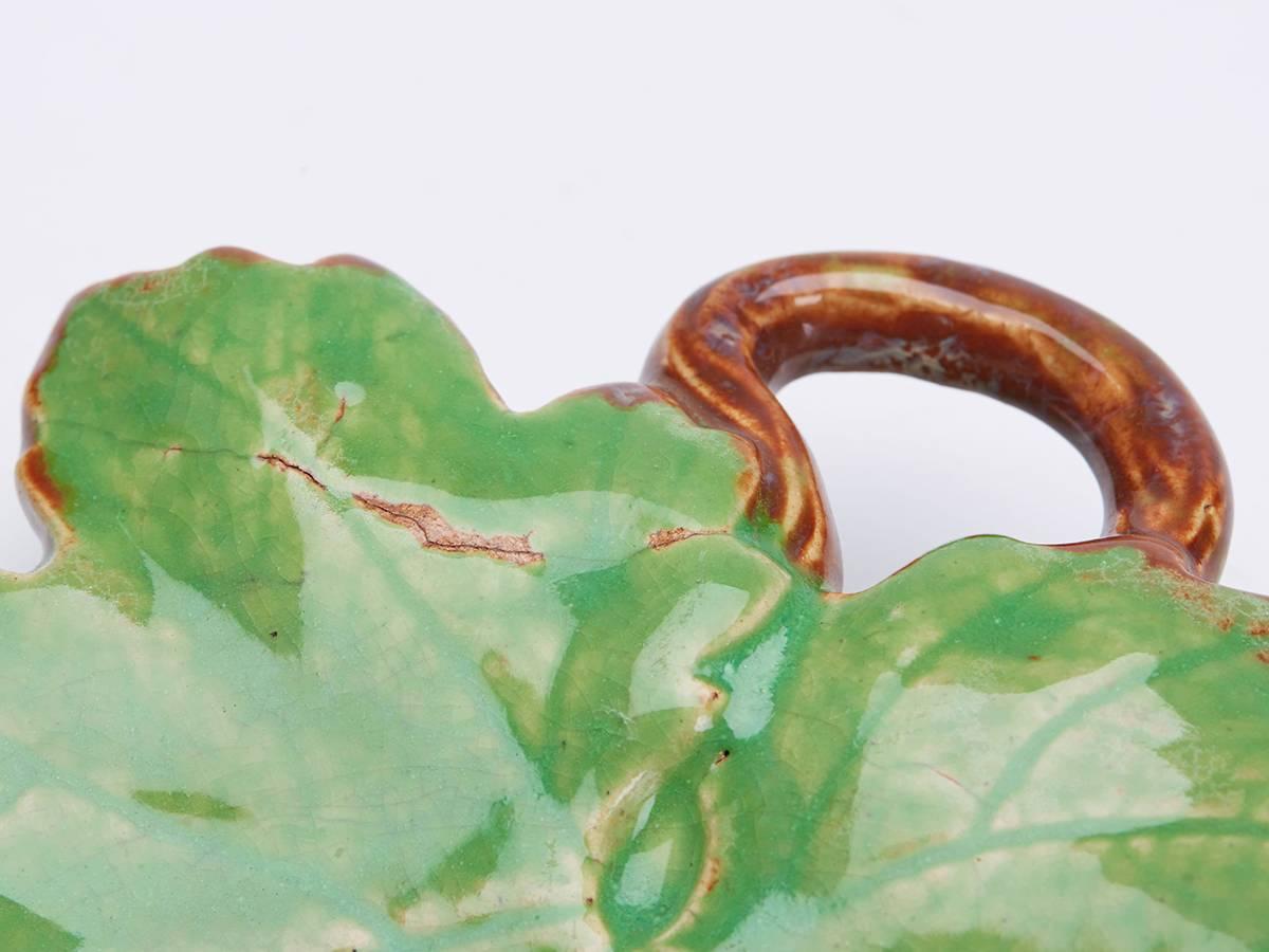 Greber Pair of French Art Pottery Green Leaf Dishes, circa 1899-1933 2