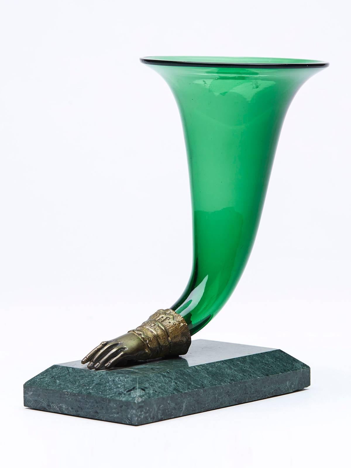 Victorian Antique Green Glass Cornucopia Vase on Marble Stand, 19th Century