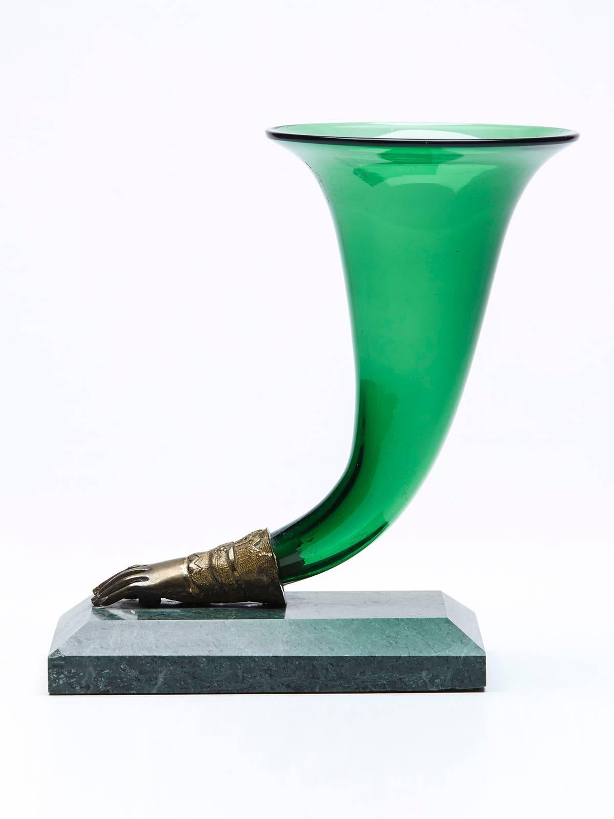 British Antique Green Glass Cornucopia Vase on Marble Stand, 19th Century