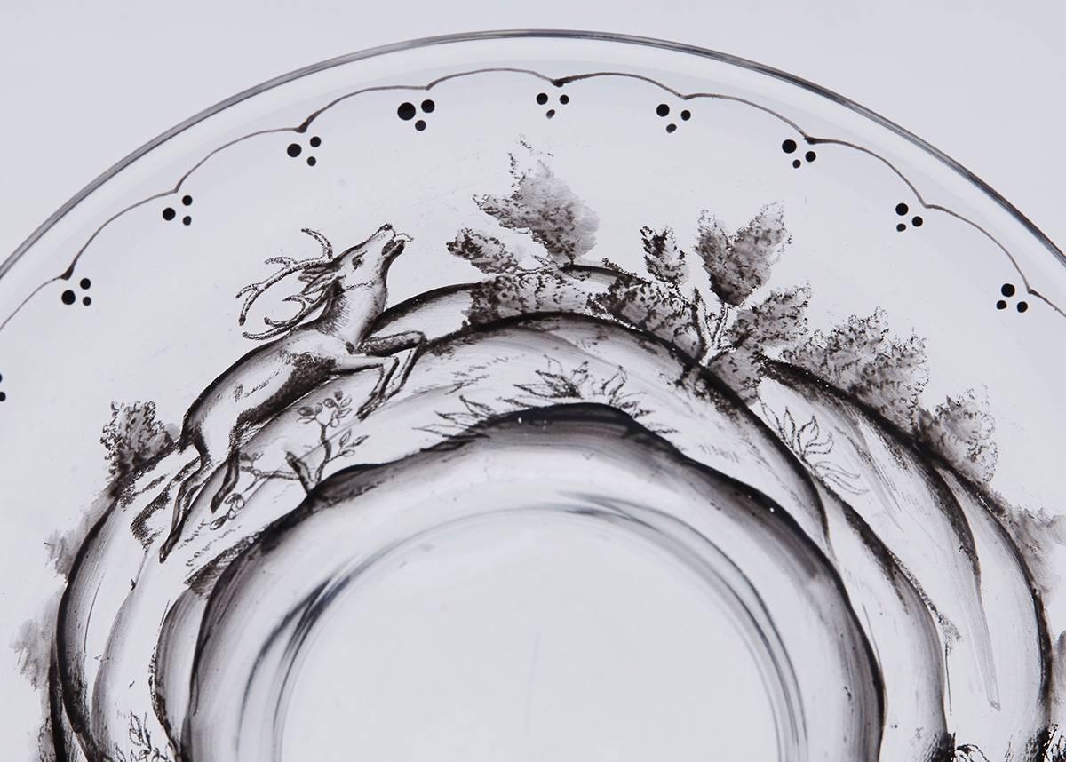 Enameled Josef Lenhardt Steinschonau Schwarzlot Glass Bowl, 19th-20th Century For Sale
