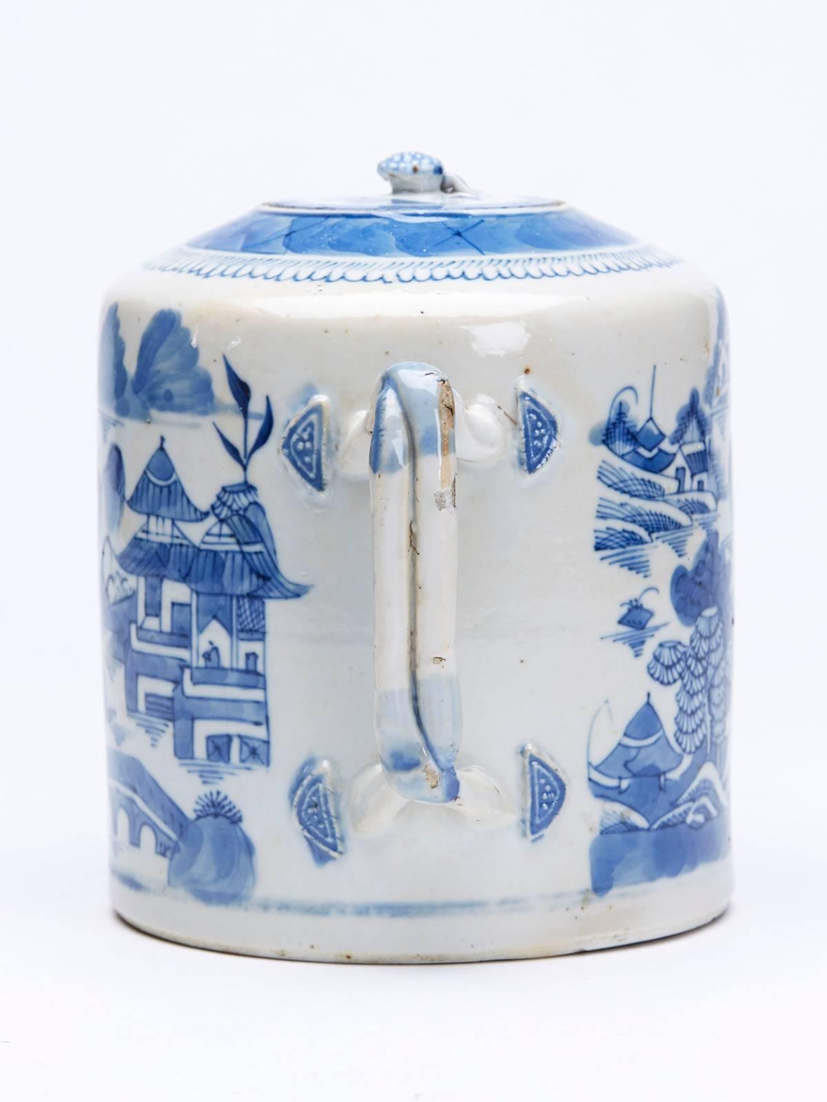 Glazed Chinese Qing Blue and White Hand-Painted Teapot 18th-19th Century