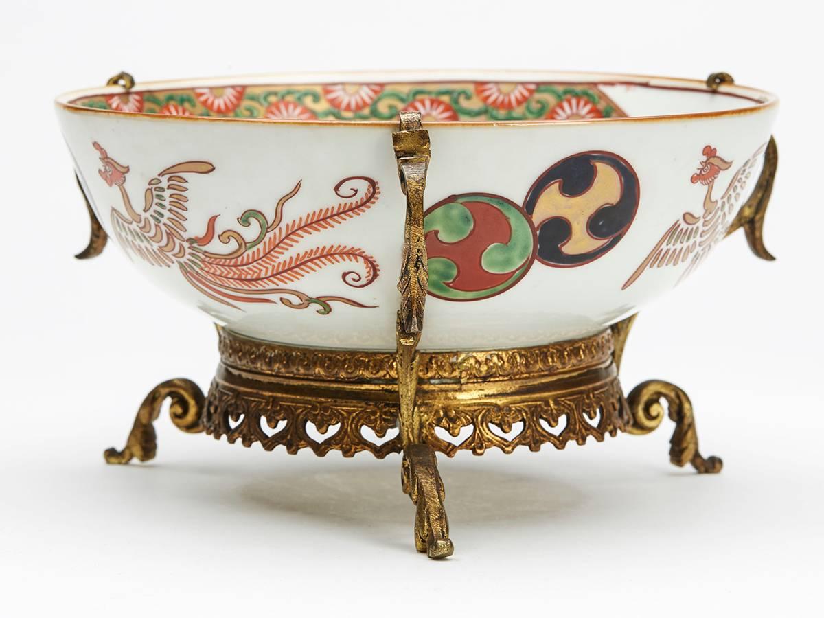 Glazed Japanese Arita Meiji Ormolu Mounted Porcelain Bowl 19th Century