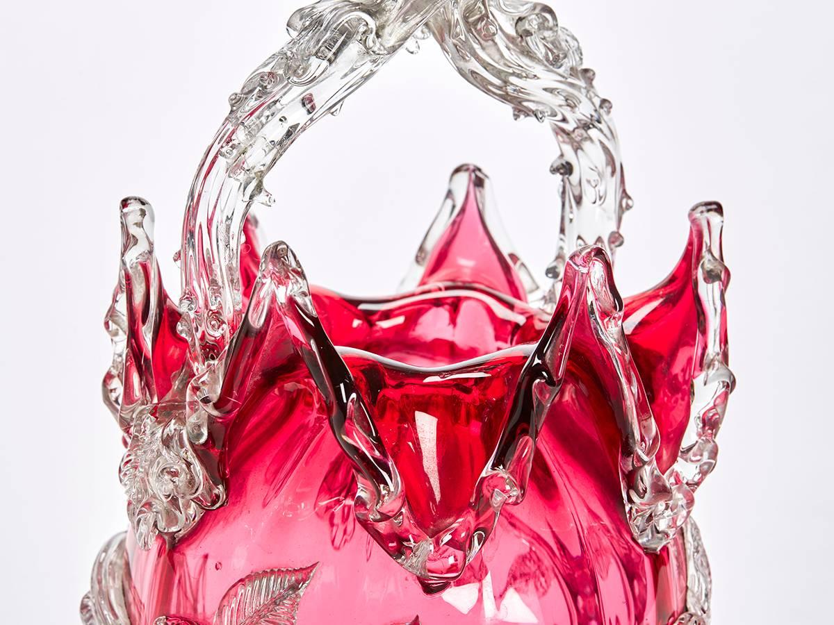 English Antique Rare Victorian Cranberry Glass Handled Basket 19th Century