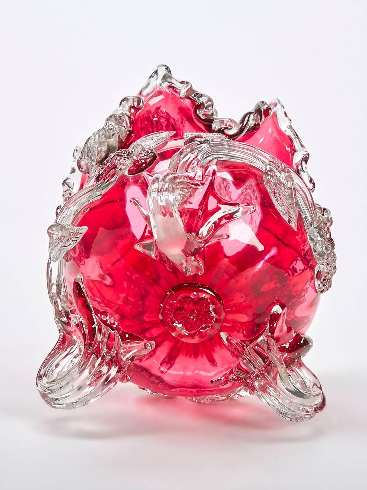 Molded Antique Rare Victorian Cranberry Glass Handled Basket 19th Century