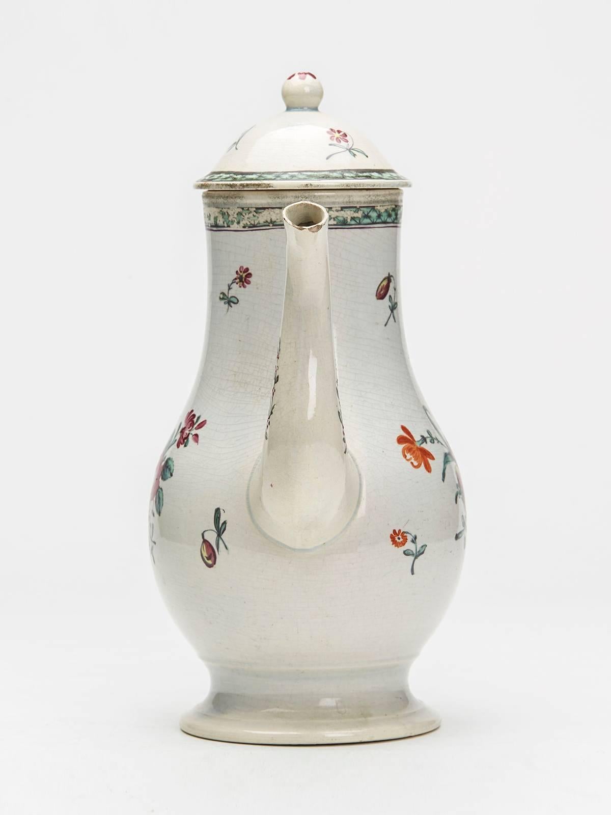 Glazed Antique Staffordshire Floral Painted Pearlware Coffee Pot 18th Century For Sale