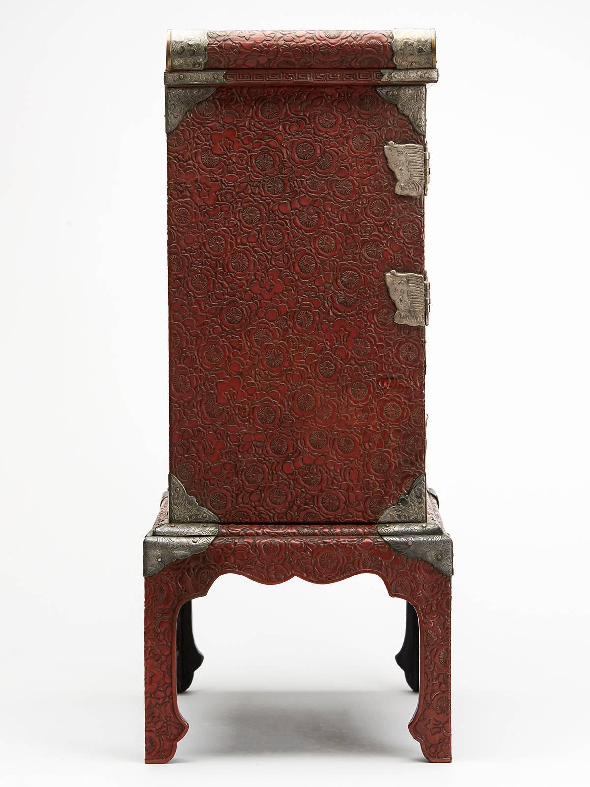 Enameled Japanese Red Lacquer Cabinet and Stand Satsuma Panels, 19th Century