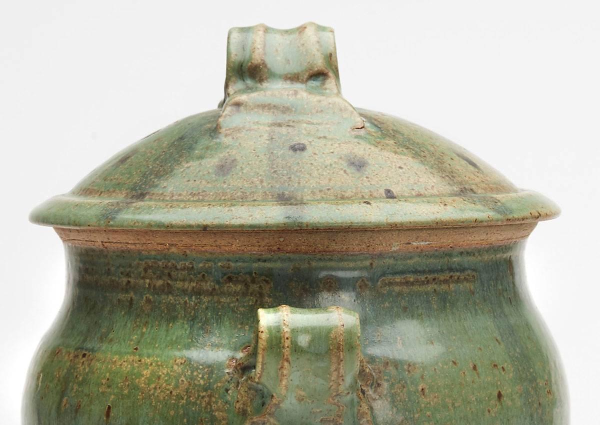 Vintage Studio Pottery Twin Handled Green Lidded Urn, 20th Century In Good Condition In Bishop's Stortford, Hertfordshire