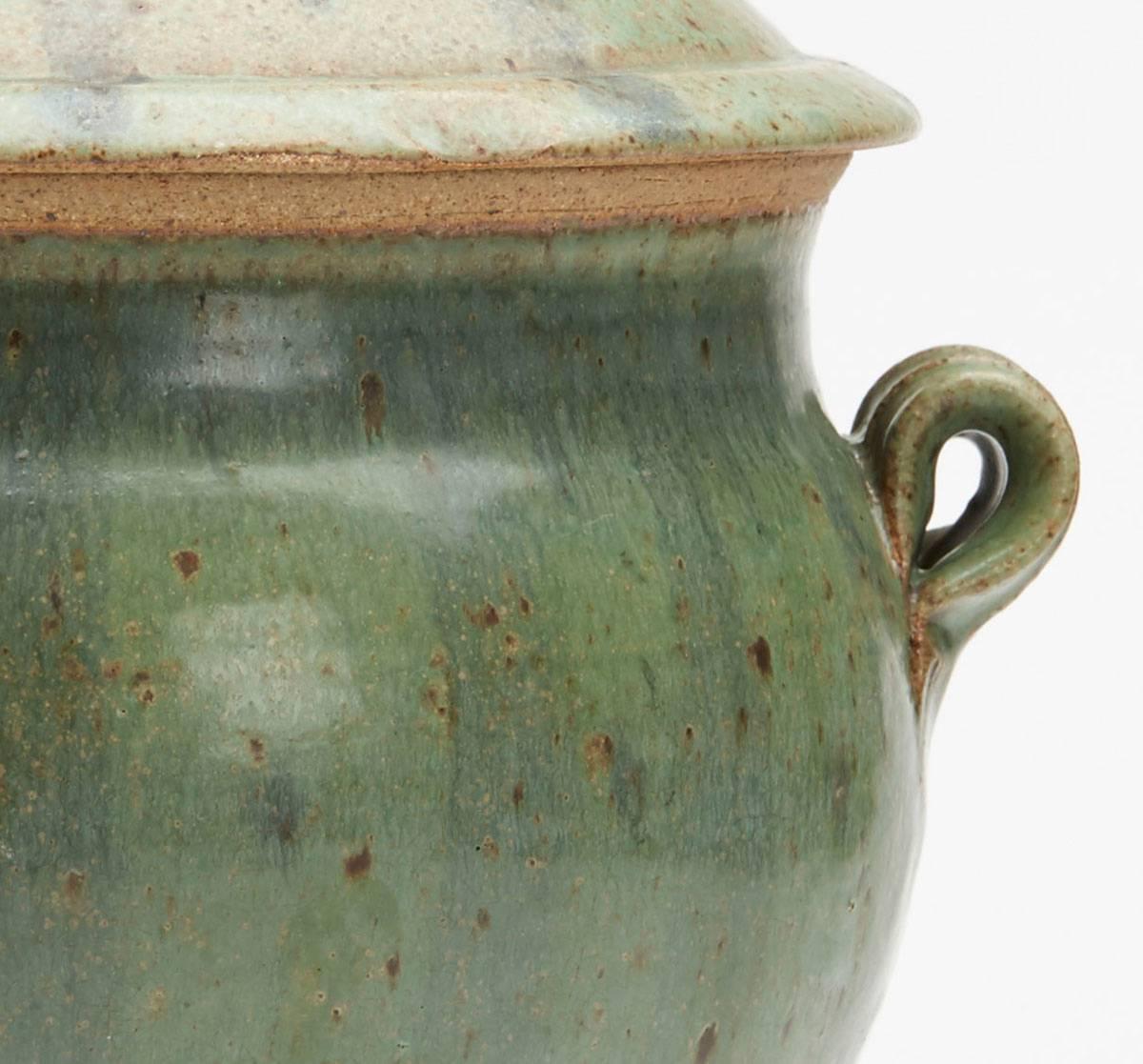 Vintage Studio Pottery Twin Handled Green Lidded Urn, 20th Century 3