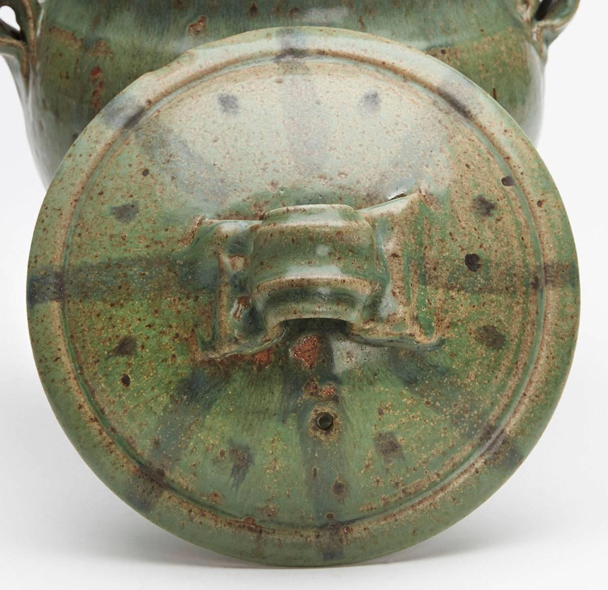 Vintage Studio Pottery Twin Handled Green Lidded Urn, 20th Century 4