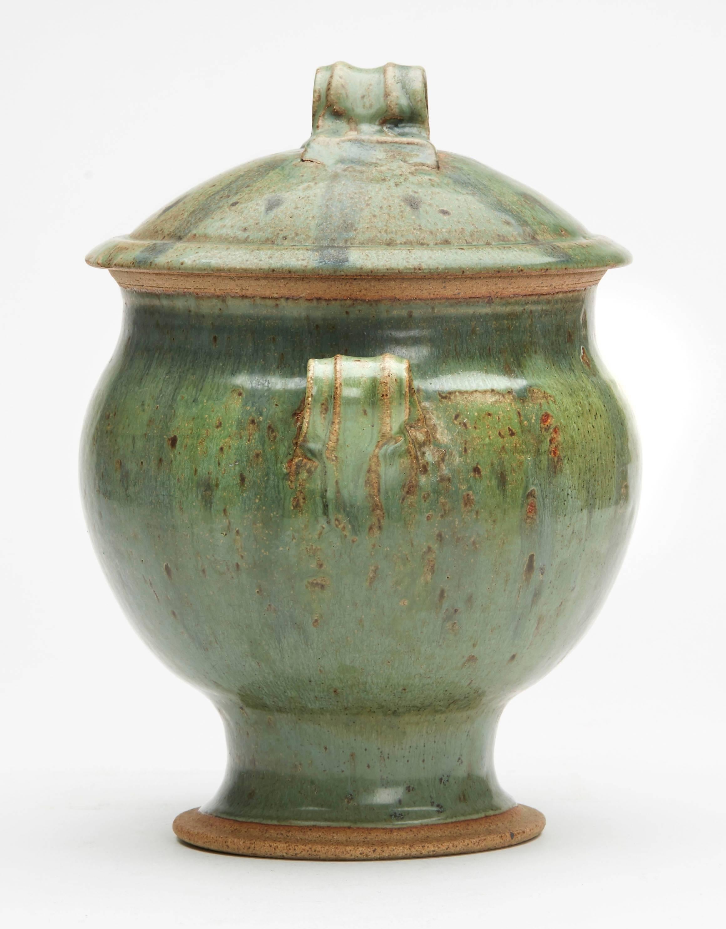 European Vintage Studio Pottery Twin Handled Green Lidded Urn, 20th Century