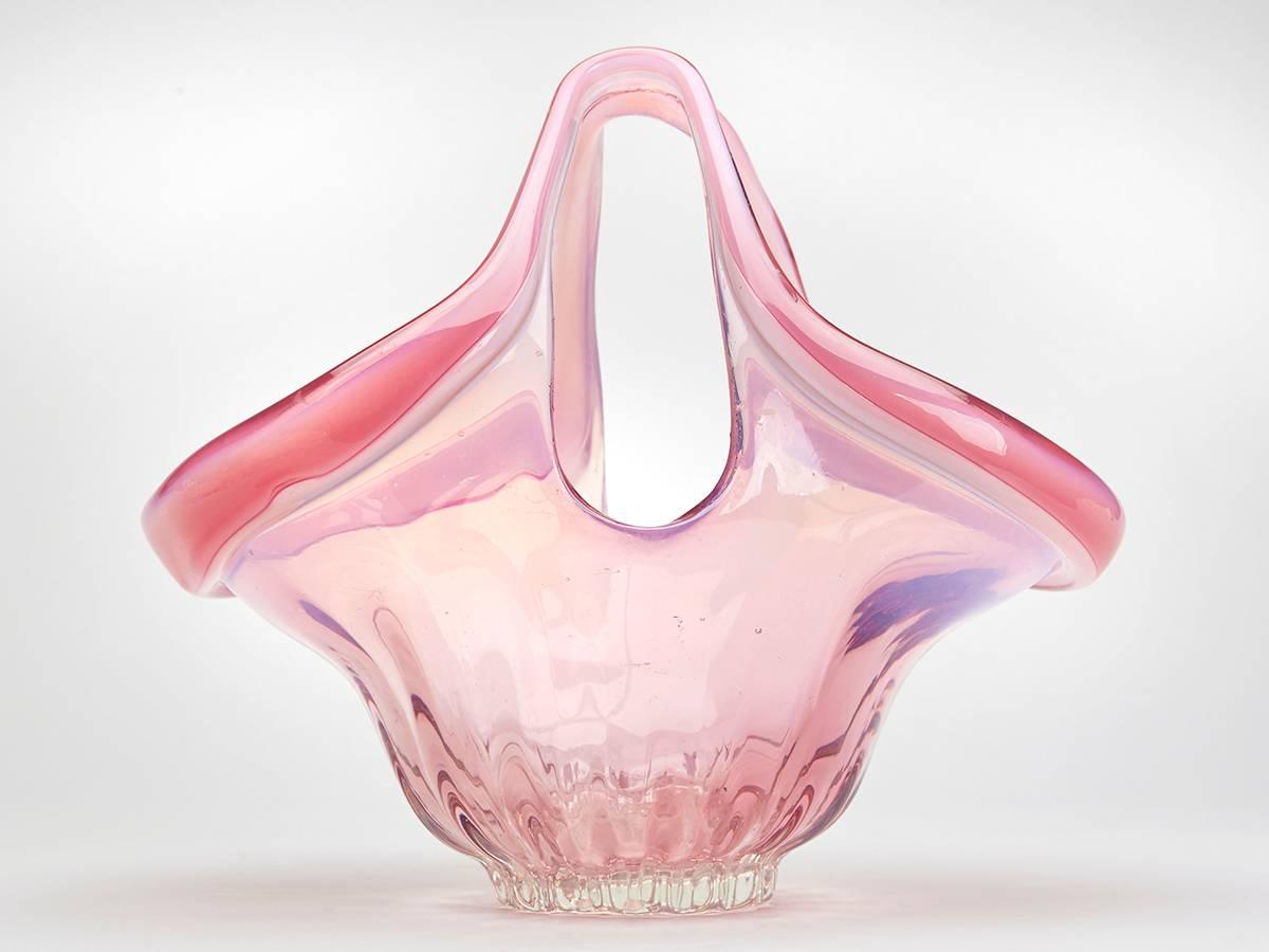 Vintage Hand Blown Murano Pink Opalescent Twin Handled Basket, circa 1970 In Good Condition In Bishop's Stortford, Hertfordshire