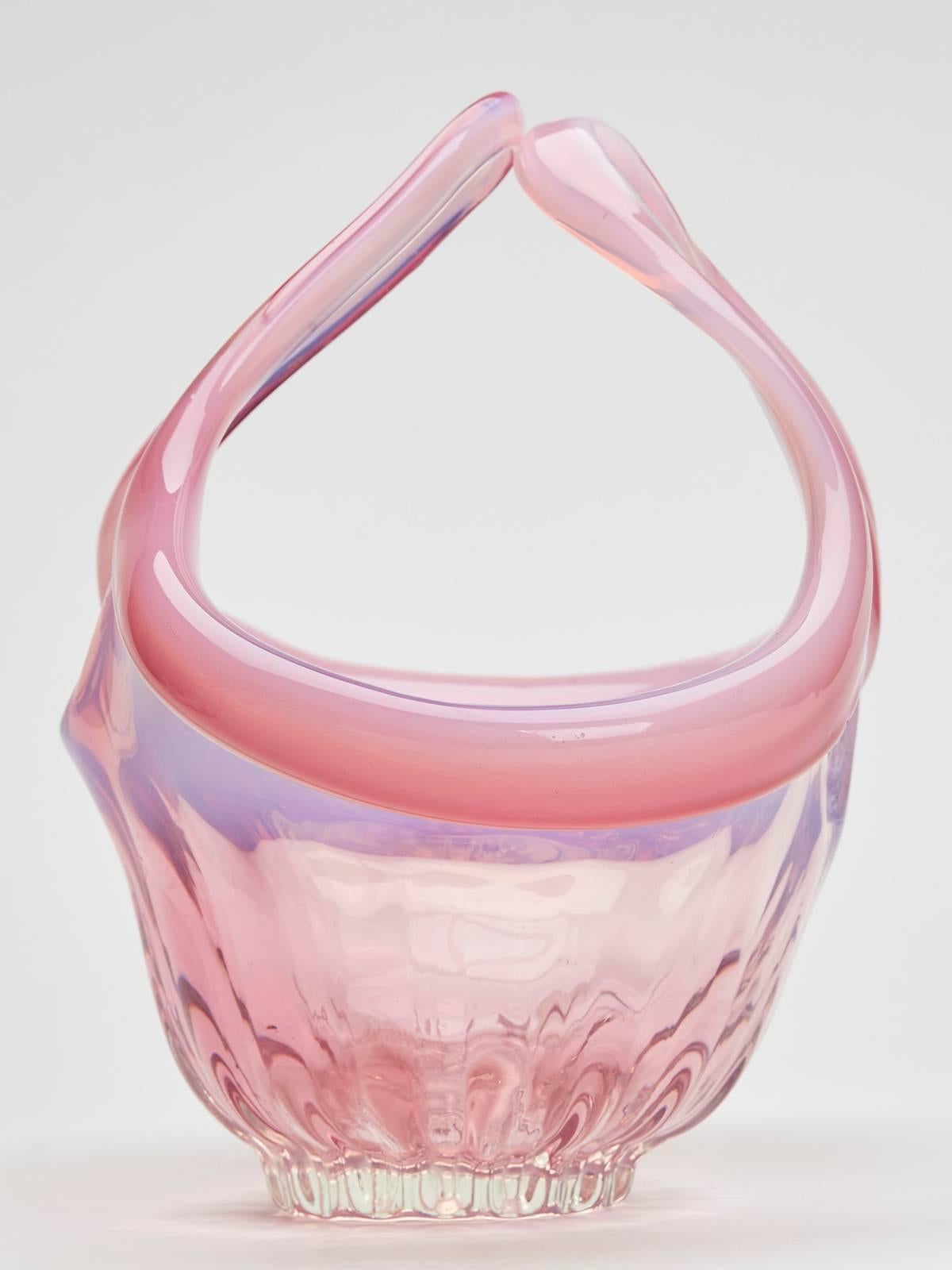 Late 20th Century Vintage Hand Blown Murano Pink Opalescent Twin Handled Basket, circa 1970