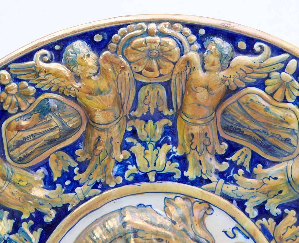 European Antique Continental Maiolica Moulded Lustre Figural Wall Plaque / Dish For Sale