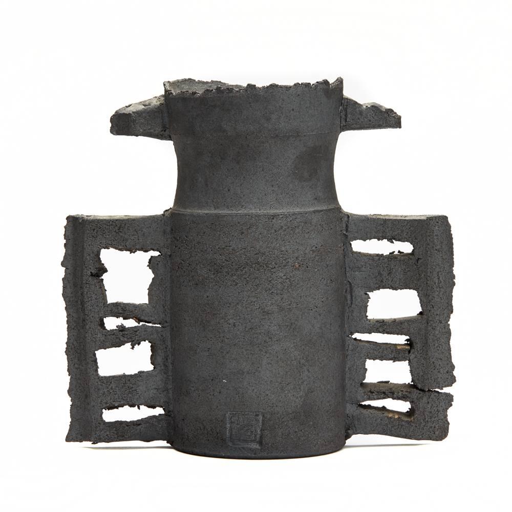 English Colin Pearson British Studio Pottery Matte Black Handled Vessel