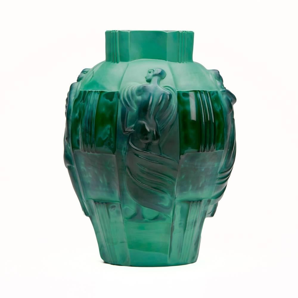 Artur Pleva Curt Schlevogt Art Deco Malachite Glass Vase In Excellent Condition In Bishop's Stortford, Hertfordshire