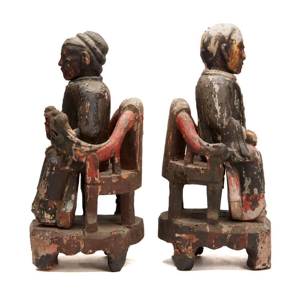 Hand-Carved Antique Pair Chinese Carved Earth Gods on Thrones