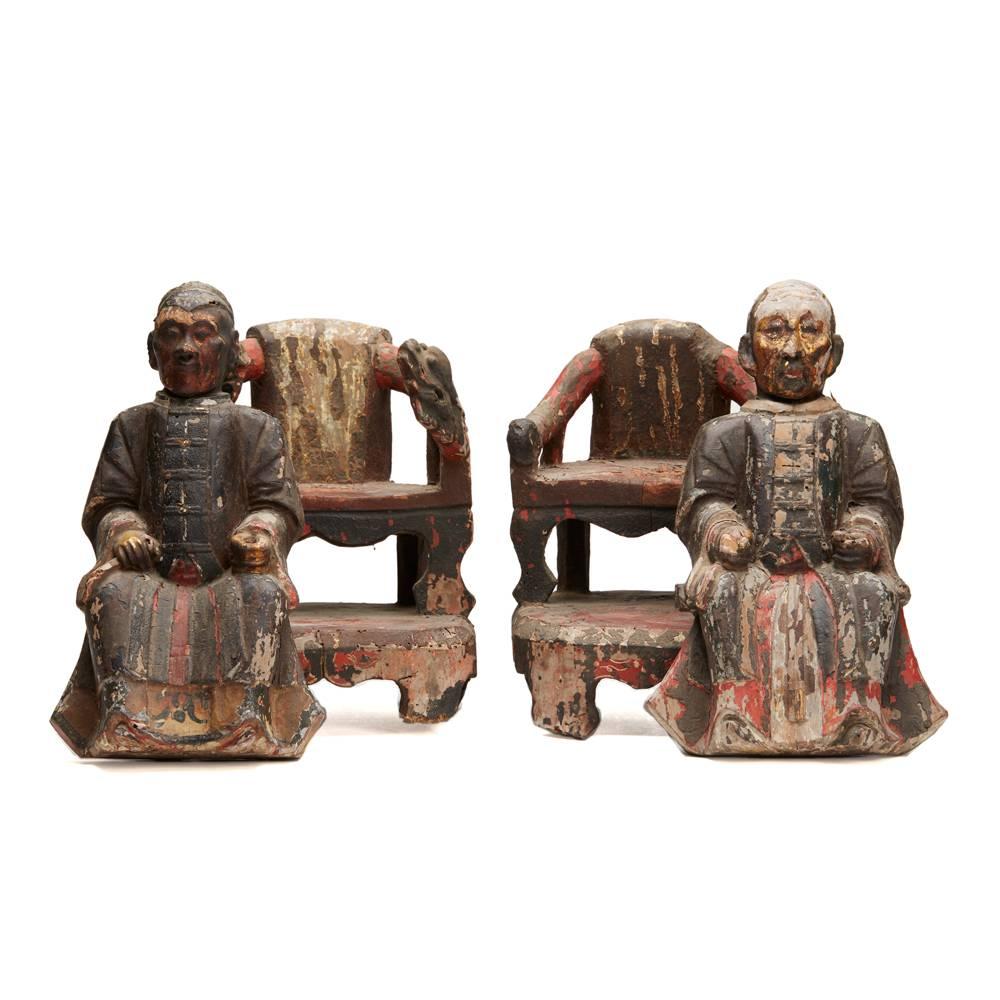 Antique Pair Chinese Carved Earth Gods on Thrones In Fair Condition In Bishop's Stortford, Hertfordshire