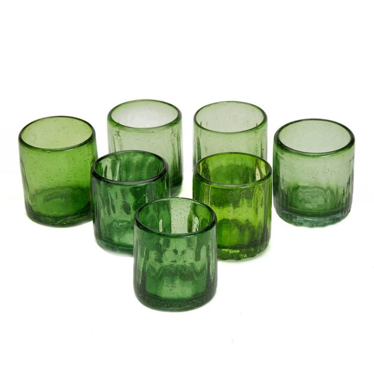 Set of Seven Vintage or Antique Rustic Green Glass Tumblers at 1stDibs