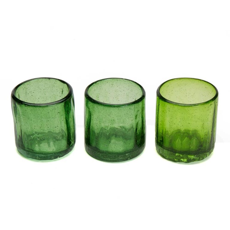 Set of Seven Vintage or Antique Rustic Green Glass Tumblers at 1stDibs