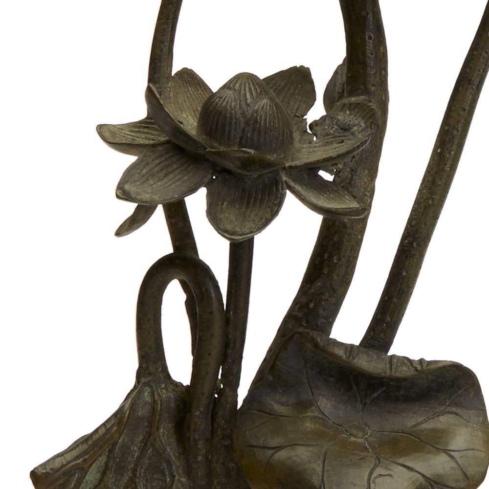 Pair of Japanese Meiji Bronze Lotus Flower Candlesticks, 19th Century 1