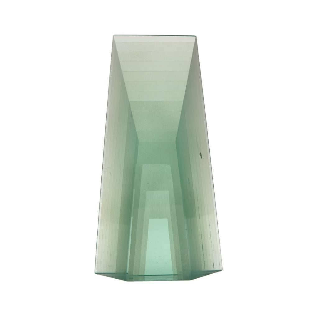 PLEASE NOTE: This piece is currently located in our Amsterdam office, please enquire for delivery times. 

Stunning architectural art laminated glass sculpture of angled form by world renowned Hungarian glass artist Zoltan Bohus. The shaped, heavily