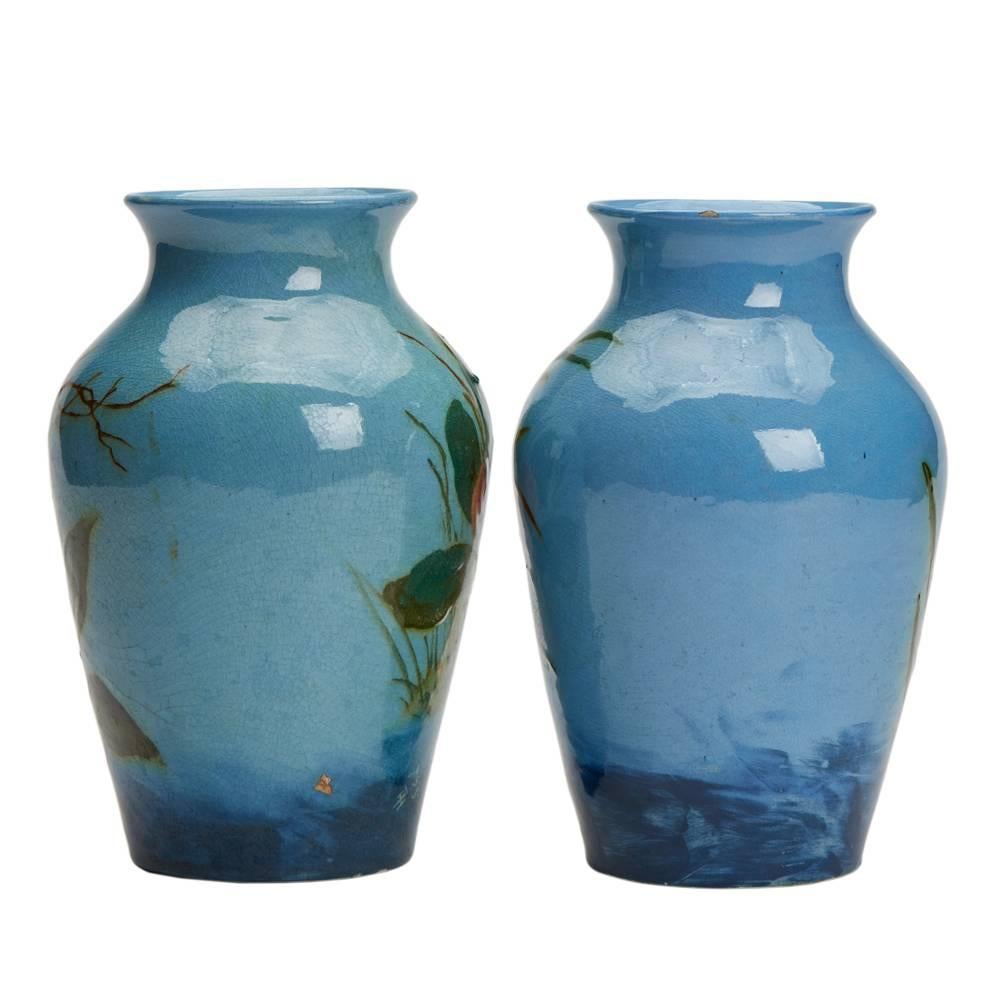 British Harold Leach Burmantofts Pair of Barbotine Frog Vases