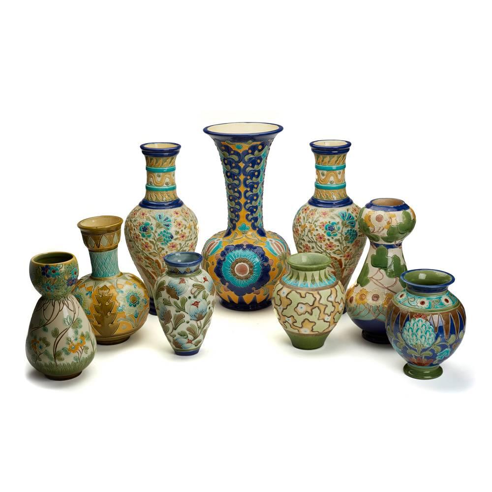 Pottery Burmantofts Faience Partie-Color Jig-Saw Pattern Vase