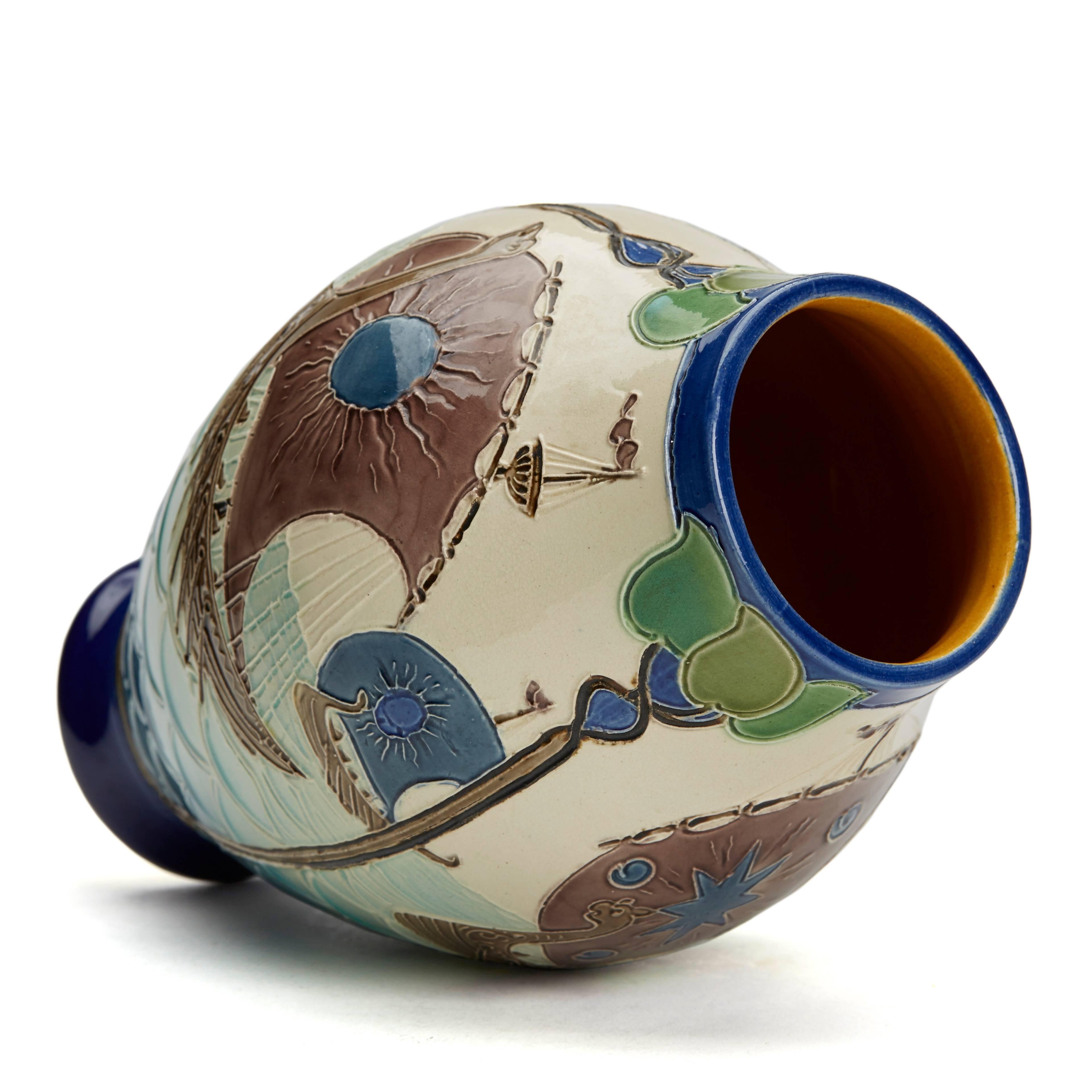 Late 19th Century Joseph Walmsey Burmantofts Faience Longboats Vase