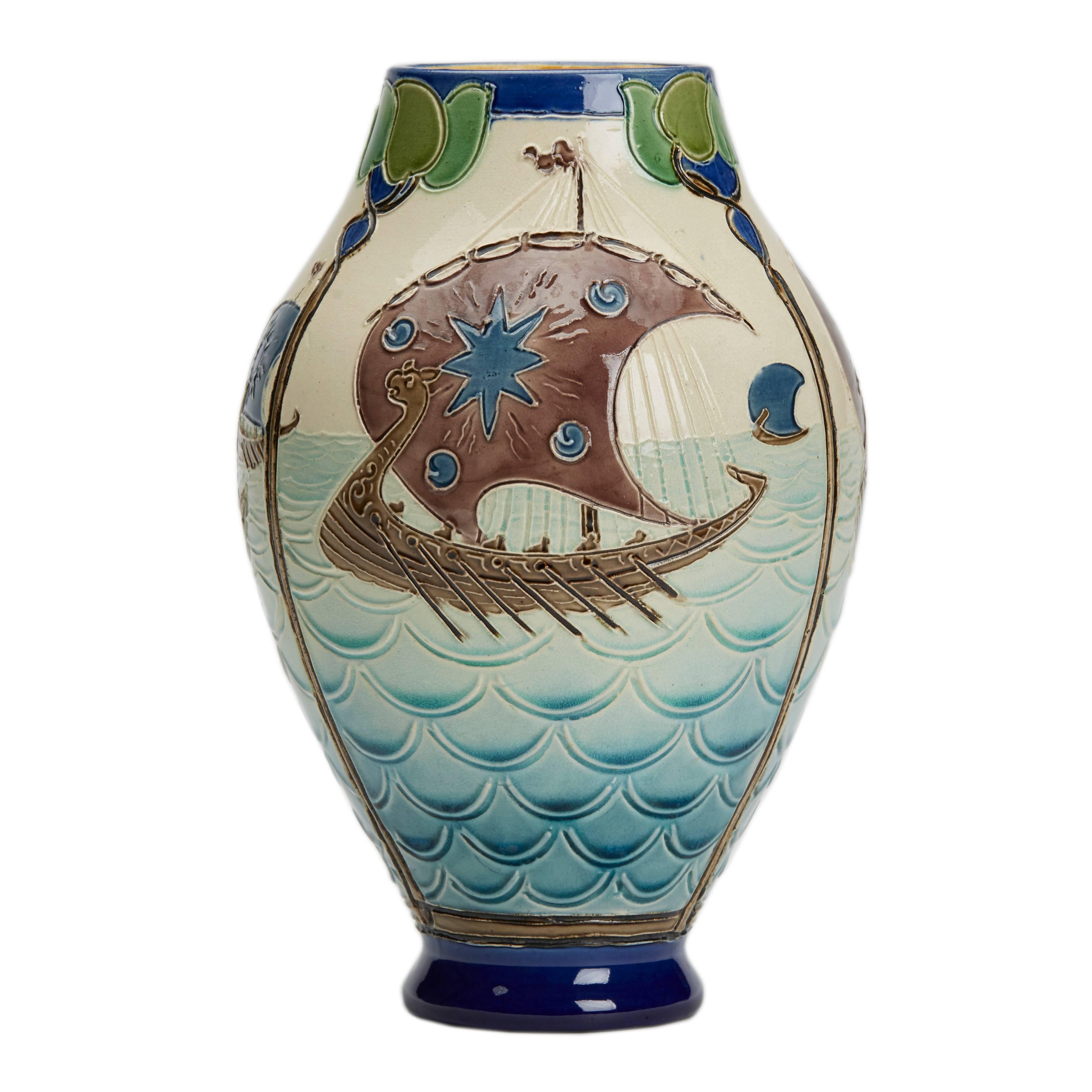 Glazed Joseph Walmsey Burmantofts Faience Longboats Vase