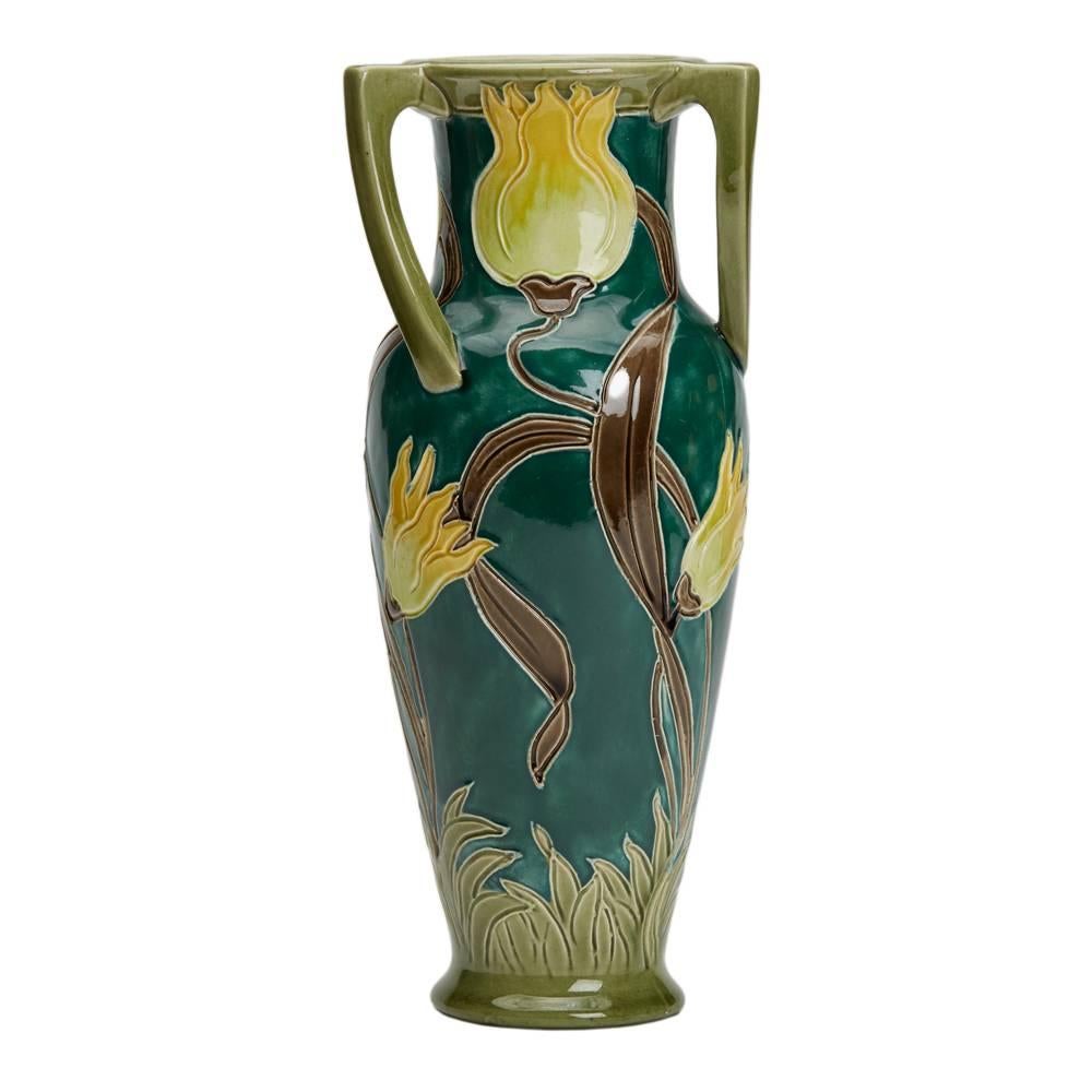 English  Art Nouveau Burmantofts Faience Handled Tulip Vase