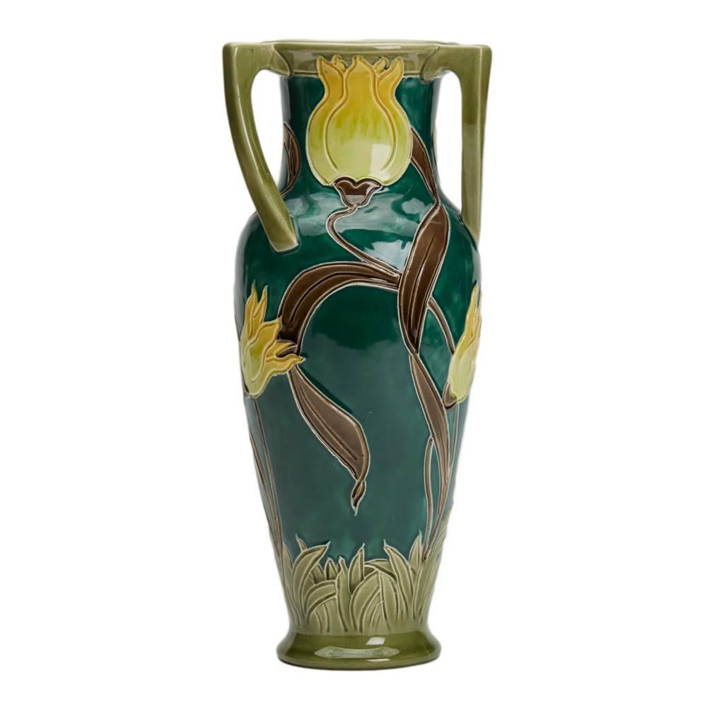 Glazed  Art Nouveau Burmantofts Faience Handled Tulip Vase