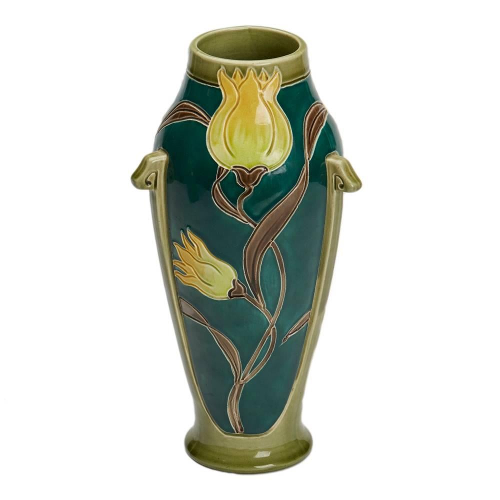 Late 19th Century Art Nouveau Burmantofts Faience Handled Tulip Vase