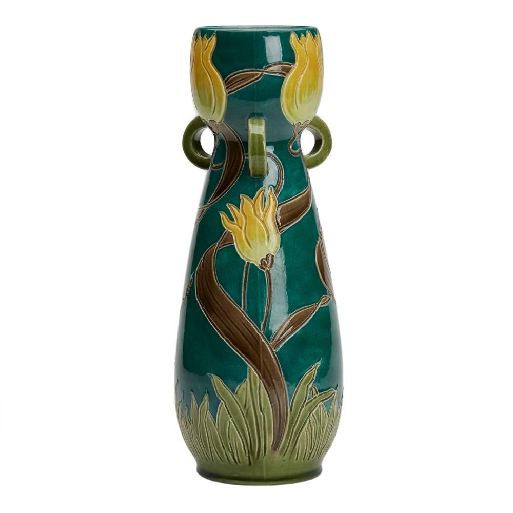 Glazed Art Nouveau Burmantofts Faience Handled Tulip Vase