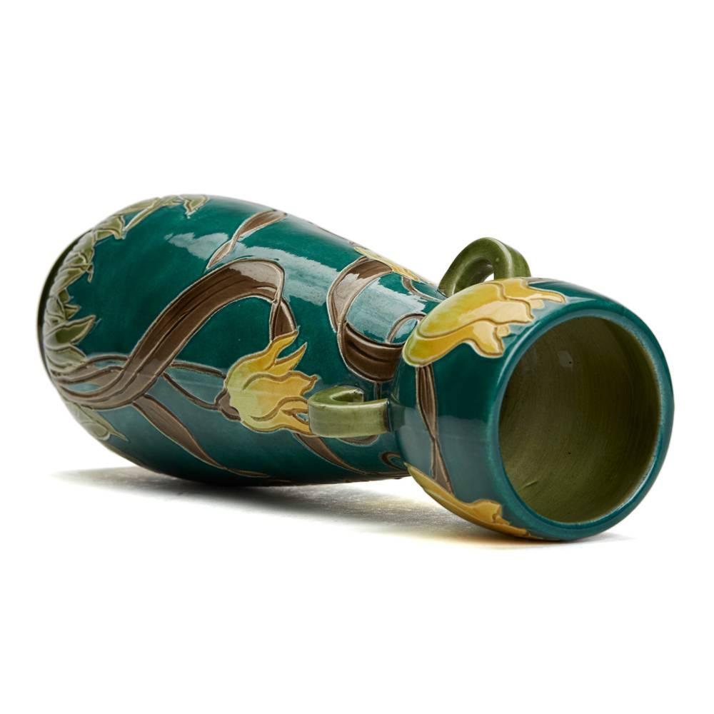 Pottery Art Nouveau Burmantofts Faience Handled Tulip Vase