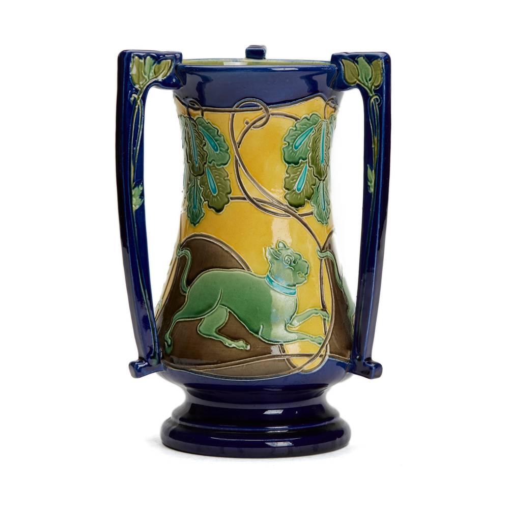 Unusual Burmantofts Faience Tyg Vase with Running Dogs In Excellent Condition In Bishop's Stortford, Hertfordshire