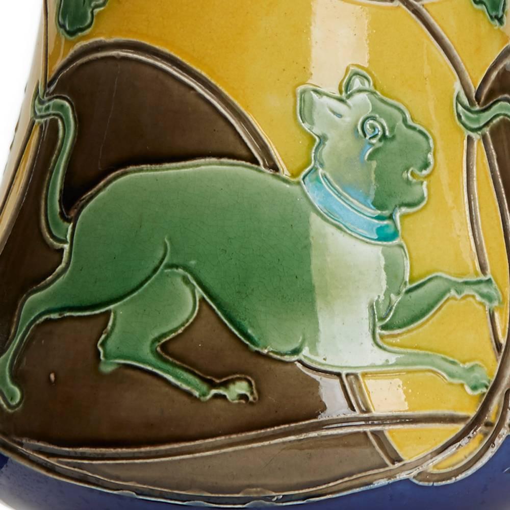 Unusual Burmantofts Faience Tyg Vase with Running Dogs 3