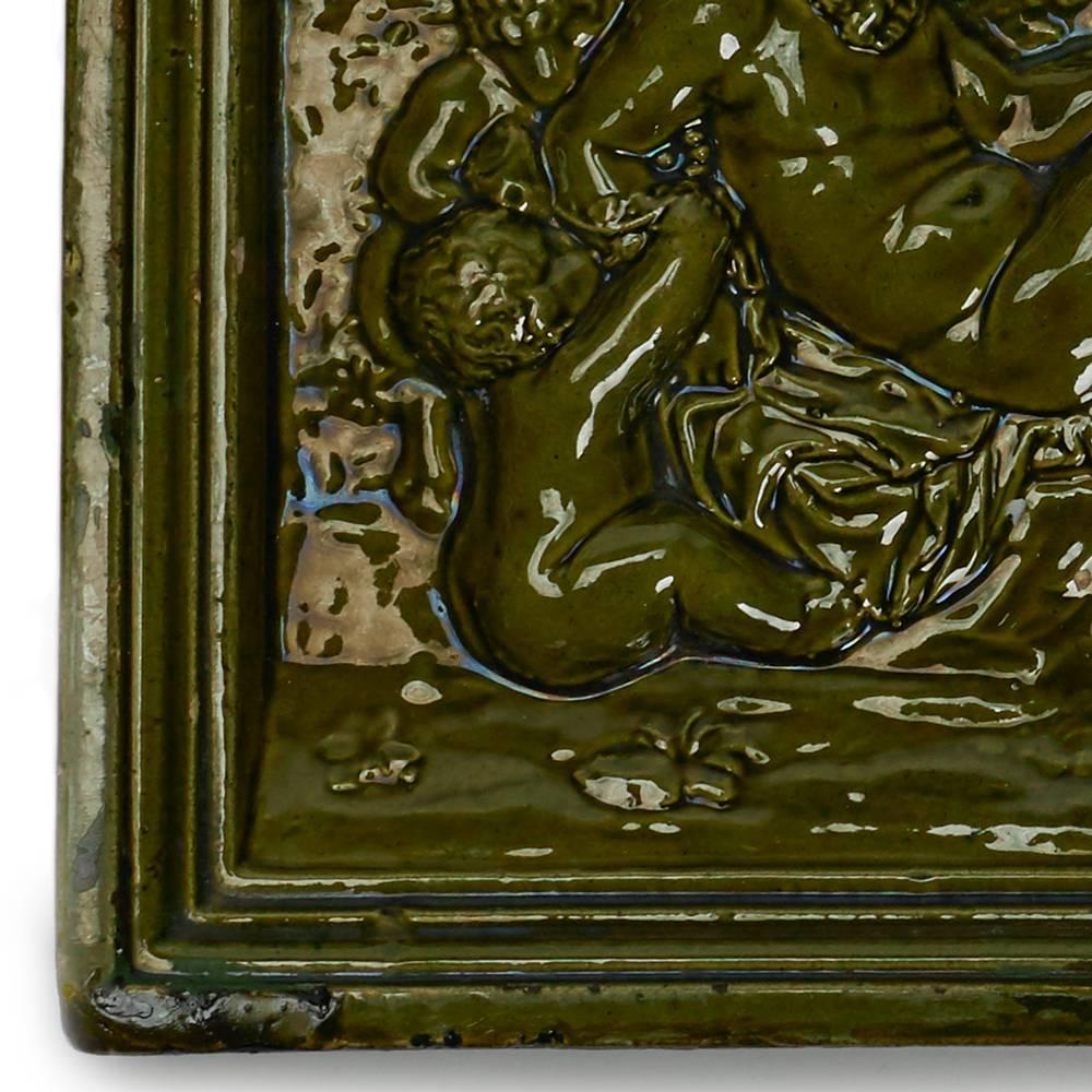 English Burmantofts Faience Bacchanalian Green Glazed Tile For Sale