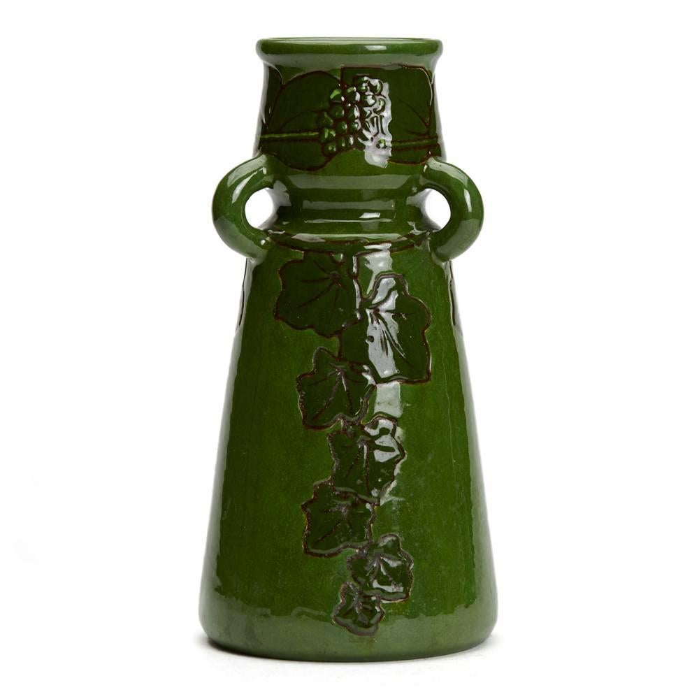 Glazed Burmantofts Faience Loop Handled Ivy Vase