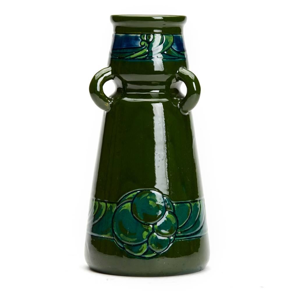 Glazed Burmantofts Faience Loop Handled Patterned Vase