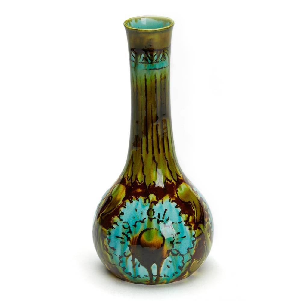 Glazed Burmantofts Faience Barbotine Bottle Vase Floral Designs