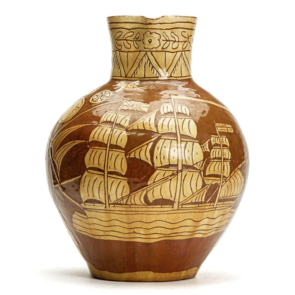 British Edwin Beer Fishley Fremington Slipware Nautical Jug, 19th Century