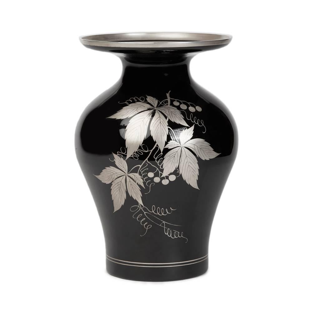 Art Deco Italian Murano Silver Overlay Black Glass Vase, circa 1930 In Good Condition In Bishop's Stortford, Hertfordshire